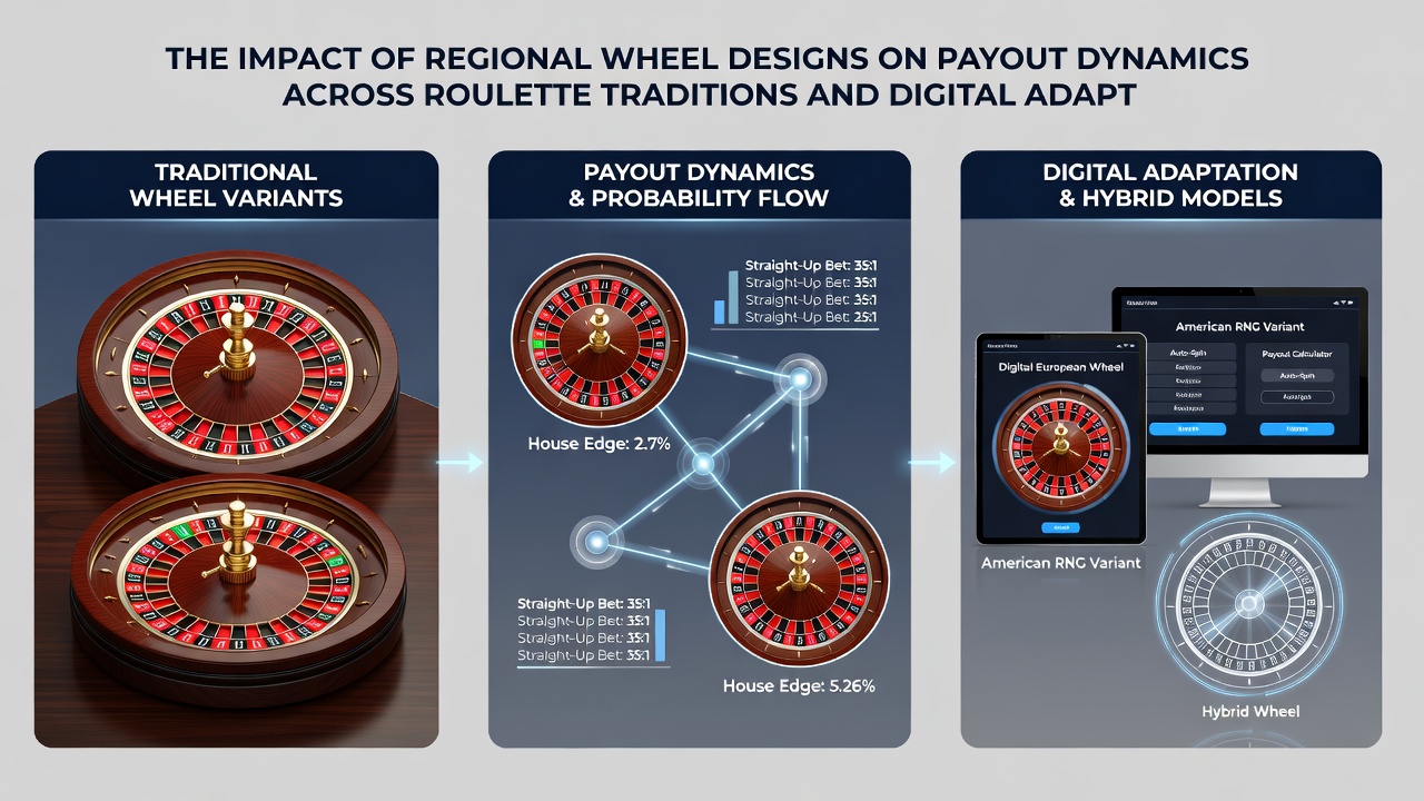 Digital roulette interface displaying wheel animation alongside payout tables for different regional variants